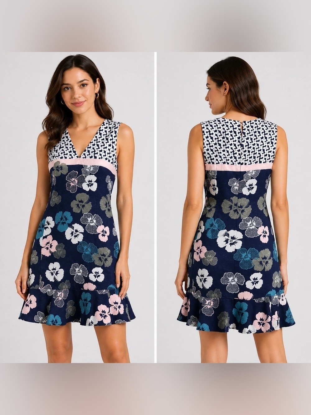 Karl Lagerfeld Navy Floral Sleeveless Shift Dress with Pink & White Accents